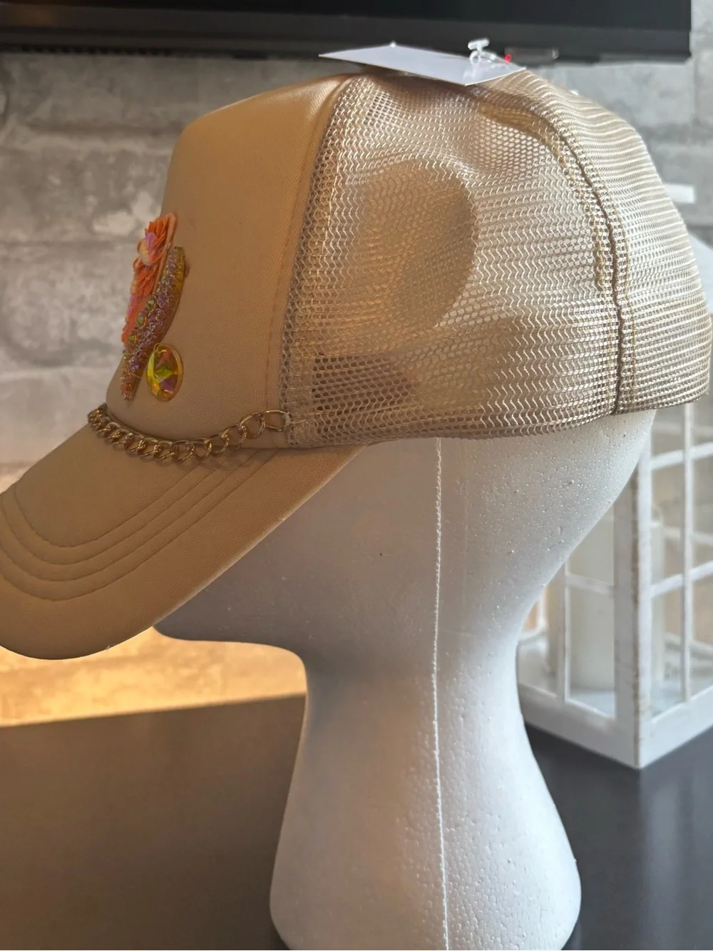 Beige Sequin, Gold Chain Embellished Trucker Cap (Handmade design).